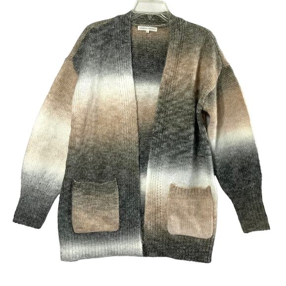 Madison + Hudson Cardigan Sweater Womens Small Gray Tan White Stripe Open Front - Picture 1 of 8